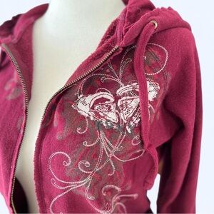 Roxy Womens Pink Graphic Cotton Punk Grunge Indie Sleeze Zip Up Hoodie Large